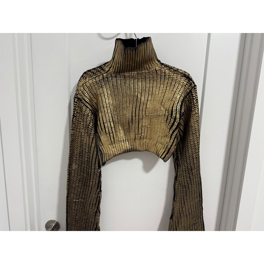 Hanifa XS Gold Metallic Knit Cropped Turtleneck Bell Sleeve Sweater NWT - Picture 6 of 12